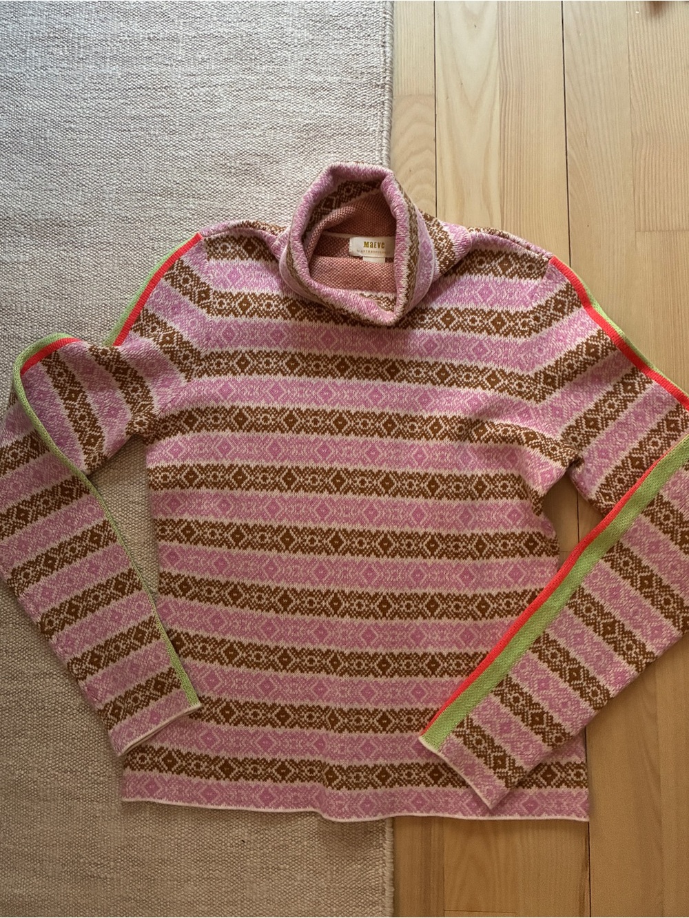 Anthropologie Pink and Brown Striped Cowl Neck Sweater with Green Trim